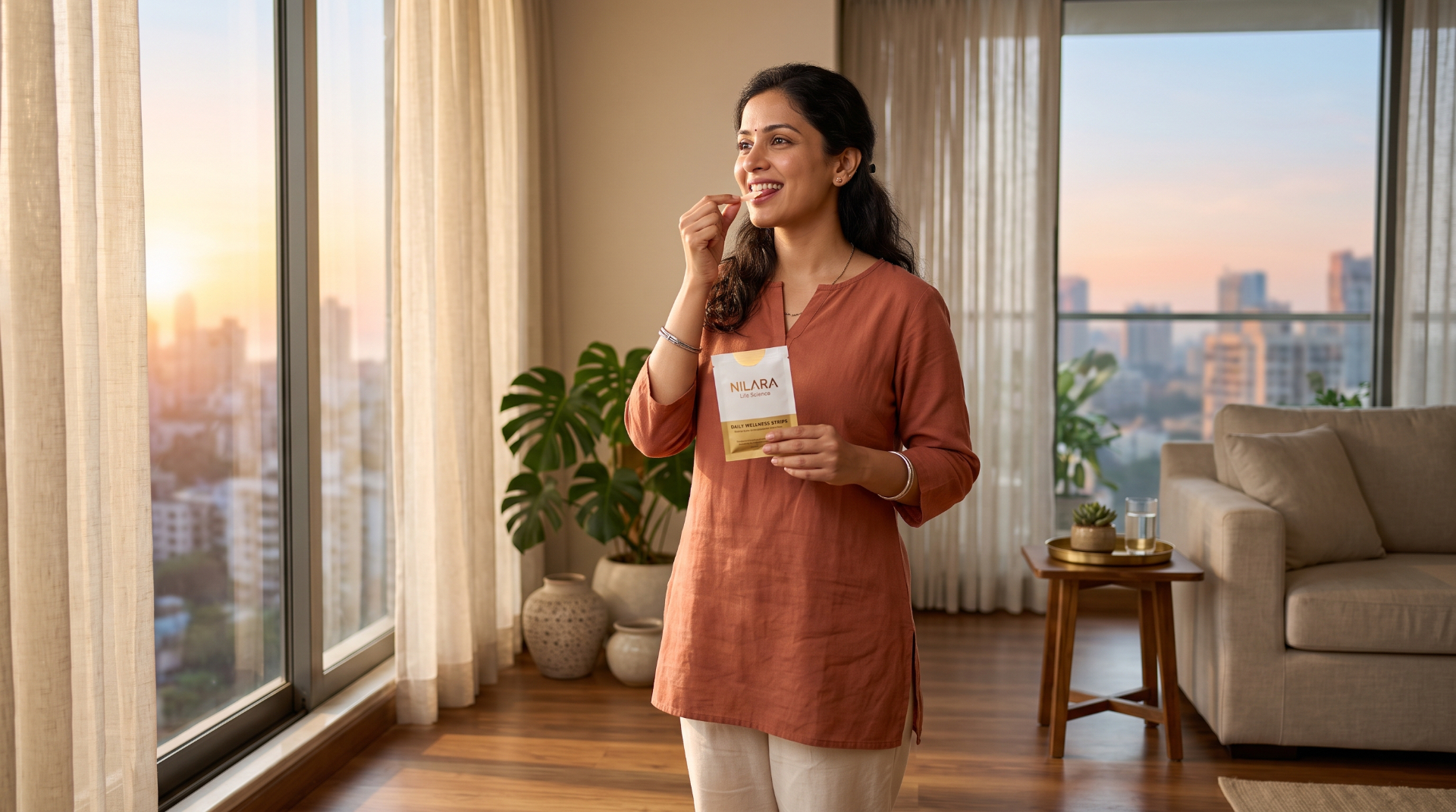 Woman enjoying a Nilara wellness strip at home